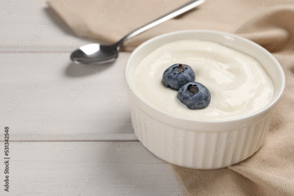 Bowl of yogurt with blueberries served on white wooden table, space for text Bowl of yogurt with blueberries served on white wooden table, space for text