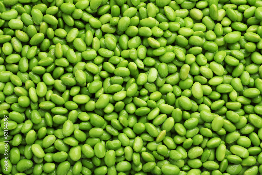 Many edamames as background, top view. Soy beans