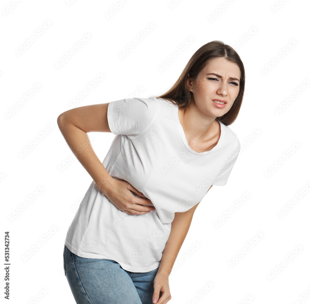 Young woman suffering from liver pain on white background