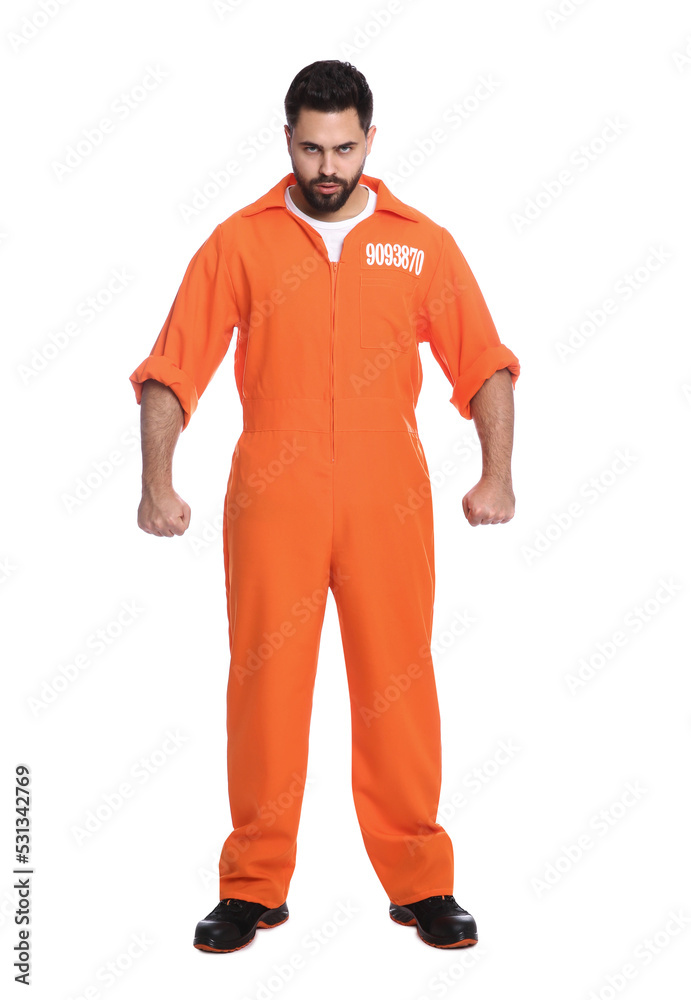 Emotional prisoner in jumpsuit on white background Emotional prisoner in jumpsuit on white background