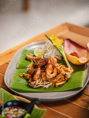 Pad Thai with Shrimp, a stir-fried rice noodle with tamarind sauce, selective focus.