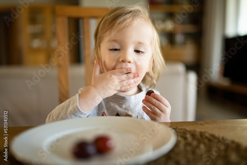 Cute little toddler boy eating grapes at home. Fresh organic frutis for infants.