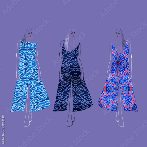 Hand sketch of a female model dressed in megomendung batik motif, Cirebon, Indonesia. This batik motif is in the form of a seven-color gradient cloud symbolizing the seven levels of the sky.