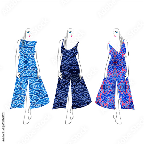 Hand sketch of a female model dressed in megomendung batik motif, Cirebon, Indonesia. This batik motif is in the form of a seven-color gradient cloud symbolizing the seven levels of the sky.