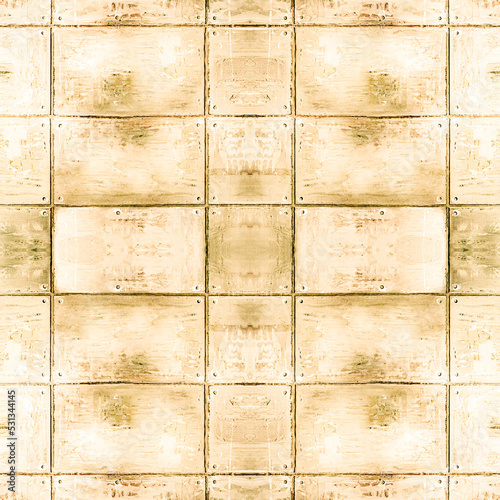 Seamless image of an old wall of yellowed, worn slabs. Light background. Seamless symmetrical texture of concrete. 