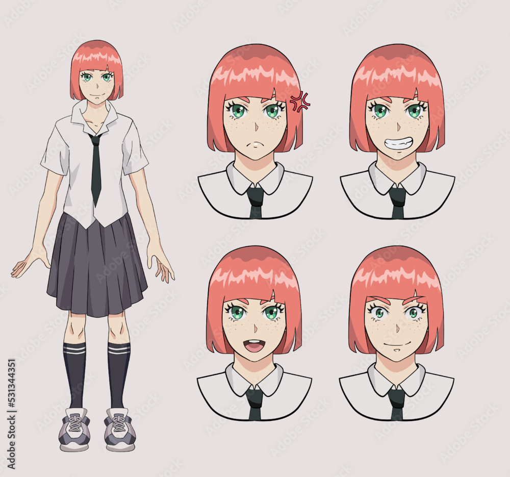 Sprite sheet of an anime girl with bob haircut. Design of a
cartoon character showing different expressions and emotions. Sprite sheet of an anime girl with bob haircut. Design of a
cartoon character showing different expressions and emotions.