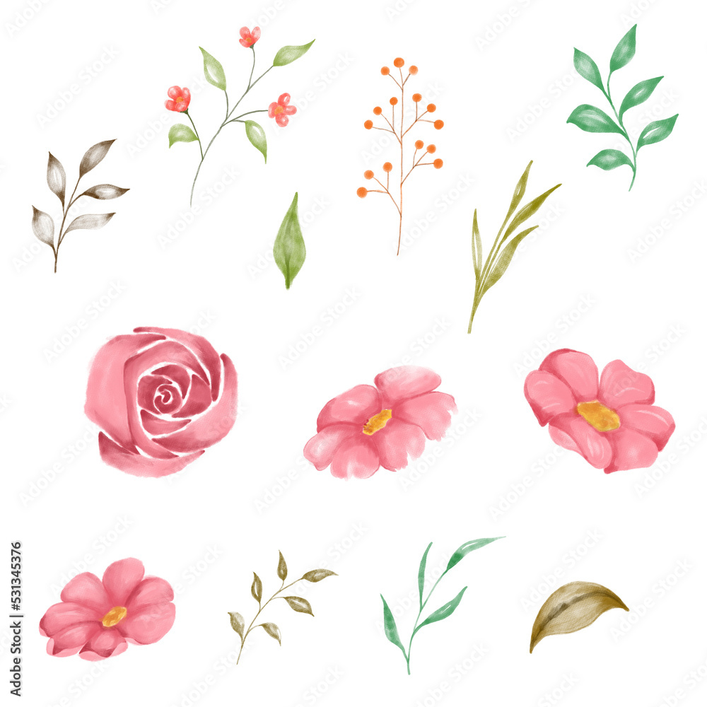 set of flowers and leaves set of flowers and leaves