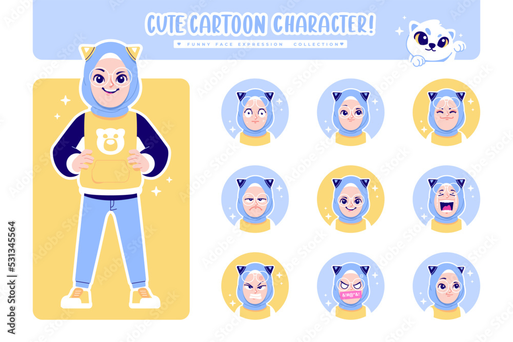 different face emotion hijab girl cartoon character collection 4