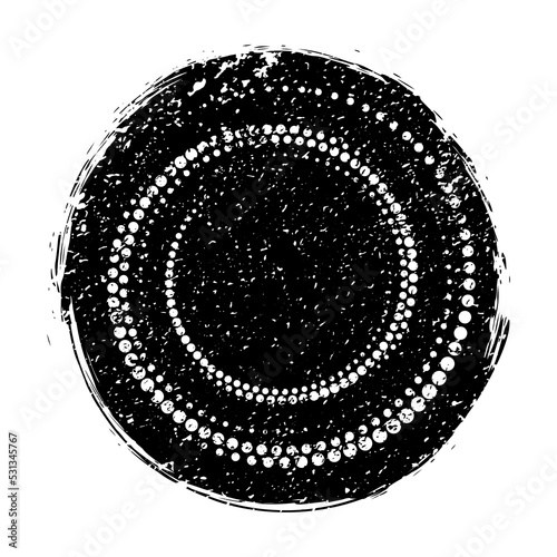Grunge textured radial halftone dotted shape. Trendy defect error design element. Distressed grungy overlay texture. Halftone dotted frame. Noise destroyed logo
