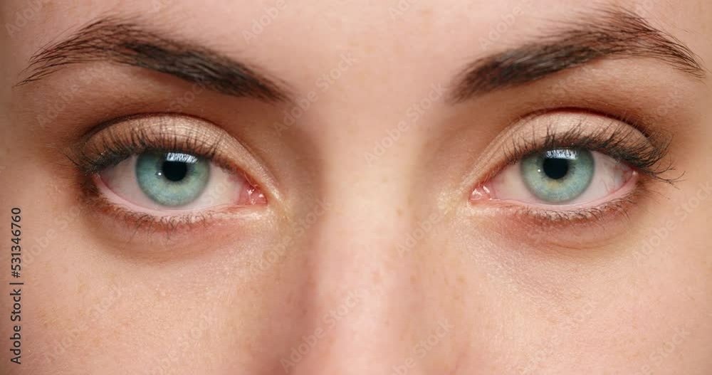 Eyes of woman, facial recognition and biometric vision eyesight portrait. Zoom on natural eyelash makeup, see visual anatomy of young person cornea. Human girl open retina and blue iris closeup Eyes of woman, facial recognition and biometric vision eyesight portrait. Zoom on natural eyelash makeup, see visual anatomy of young person cornea. Human girl open retina and blue iris closeup