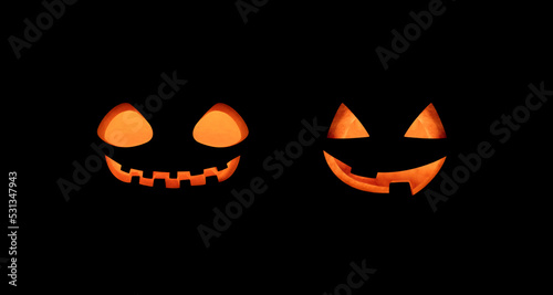 Set of two jack lantern glowing smiles isolated on a black background. Jack o lantern scary smile. Halloween pumpkin head. © miss.lemon