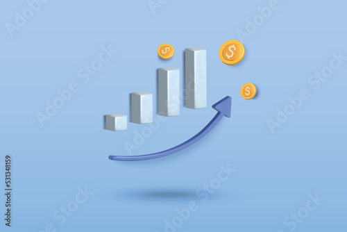 Growing bar graph with money concept on blue background. 3d vector illustration design.