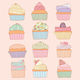 Hand drawn variety sweet pastel cupcakes collection in doodle art style on white background