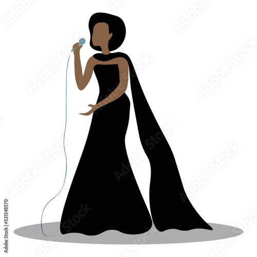 Vector illustration of gorgeous diva singer in black dress performing on stage on white background