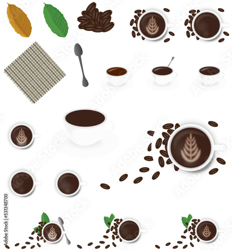 ONG icon set of a coffee cup, seeds, spoon, table mat, leaves, cappuccino, etc.