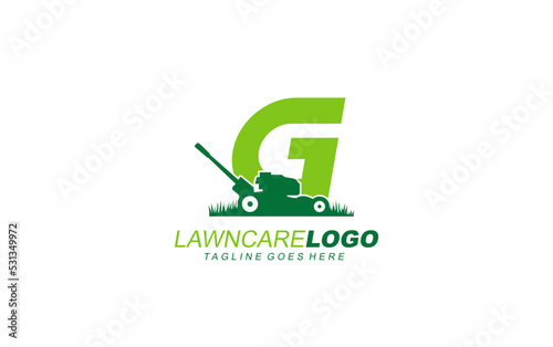 G logo lawncare for branding company. mower template vector illustration for your brand.