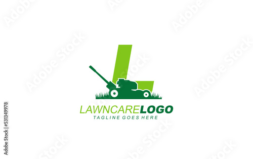 L logo lawncare for branding company. mower template vector illustration for your brand.