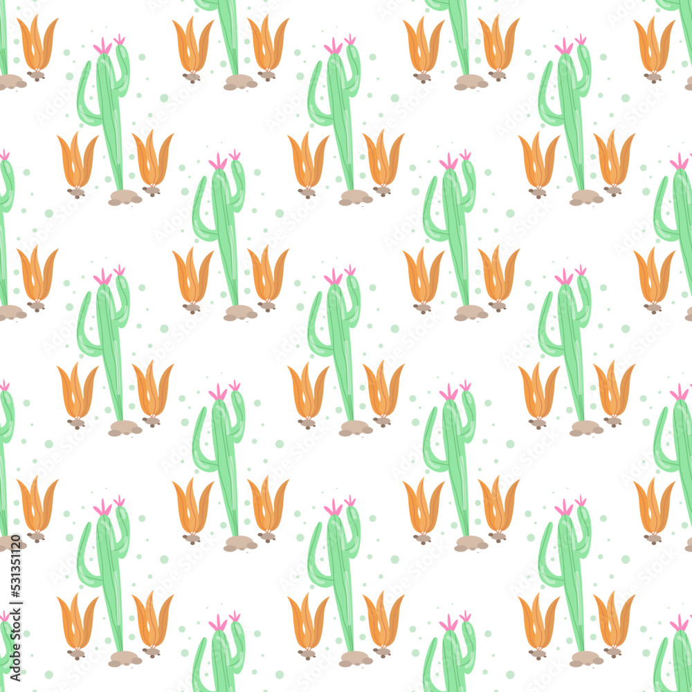 Illustration vector graphic seamless pattern adorable green cactus with pink flowers. Premium vector for kids and baby. Print on cloth, fabric, linen, textile and wallpaper background