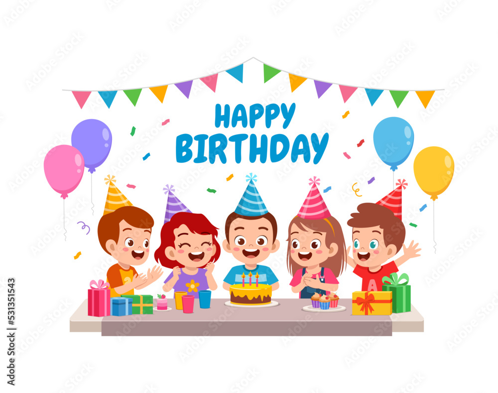Fototapeta premium little kid blow candle on birthday party with friend
