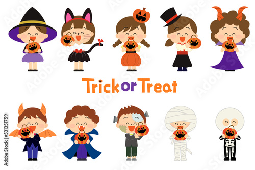 ハロウィンでお菓子をもらいに来た子どもたちセット