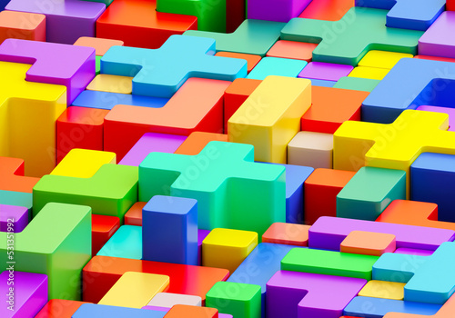 Kids abstract puzzle. Multicolored background from mosaics. Geometric children wallpaper. Decorated with colorful puzzle. Kids puzzle of different heights. Colorful structure. 3d rendering.