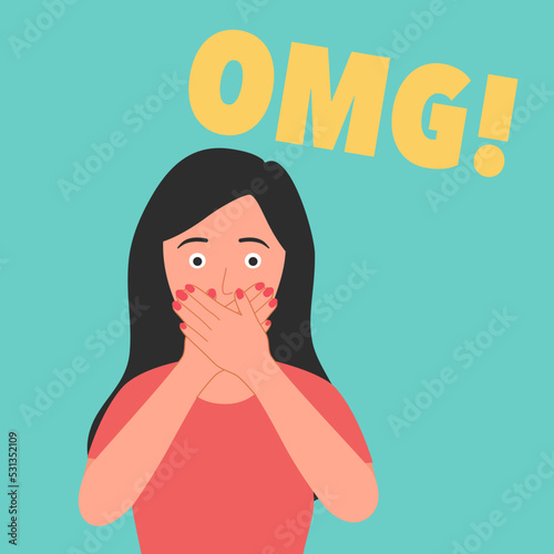 Hand over mouth shocked expression. Woman say OMG in flat design.