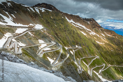 Stelvio mountain pass, impressive dramatic road in italian alps, Italy