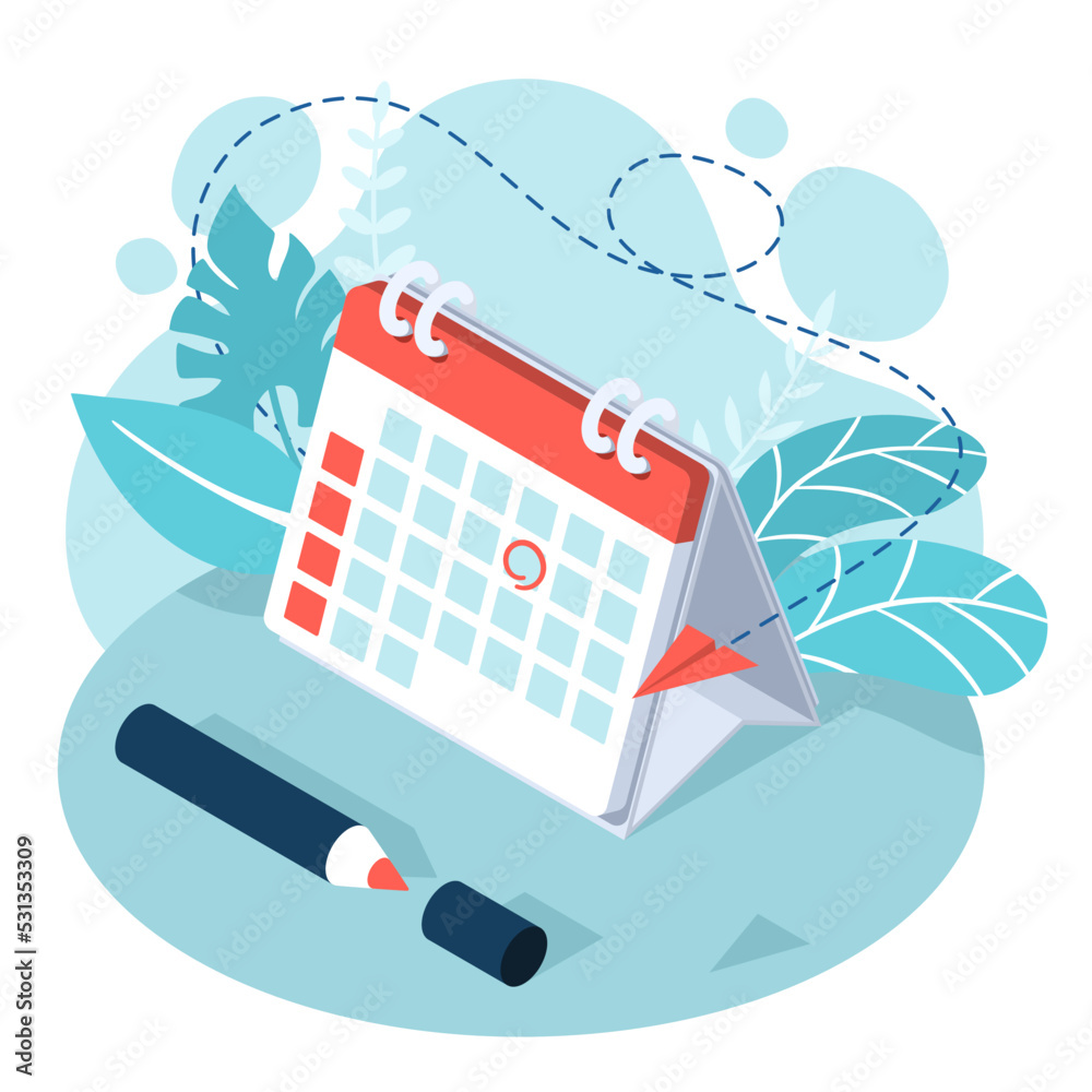 Red pen marks the date, holiday, priority, important, reminder day on calendar concept decorative with leaves on background. Vector illustration isometric flat design for banner and poster. Red pen marks the date, holiday, priority, important, reminder day on calendar concept decorative with leaves on background. Vector illustration isometric flat design for banner and poster.