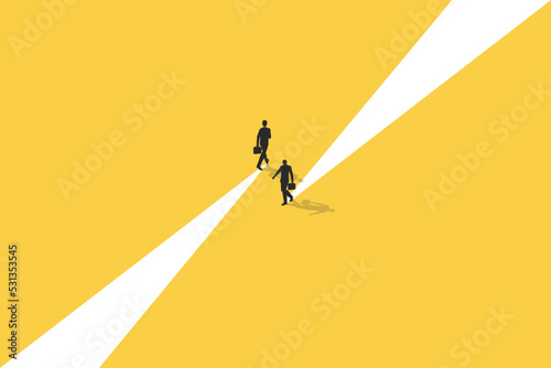 Business dispute or disagreement vector concept with two businessman walking away from each other. Symbol of miscommunication, conflict, argument. Eps10 illustration.