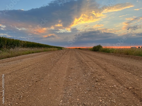 countryside gravel road sunset.  Agriculture