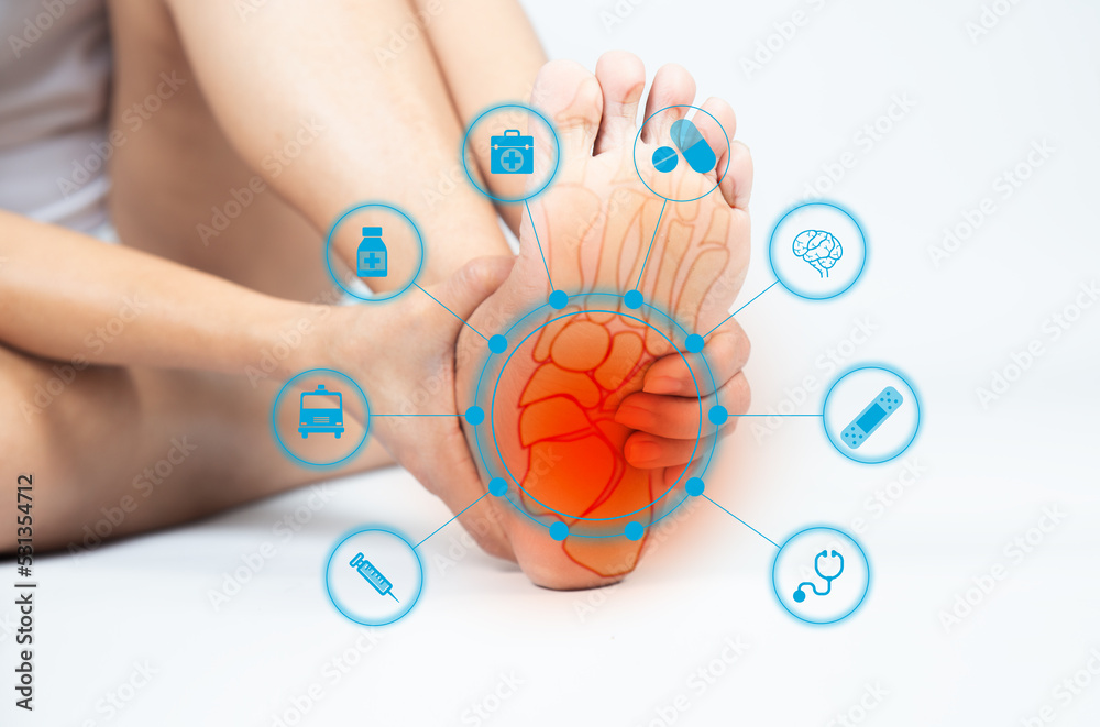 Foot pain, plantar fasciitis pain in the foot of the elderly. Symptoms