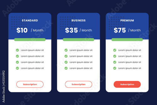 Simple card pricelist ui design template vector. Suitable for designing content for mobile applications and website landing page