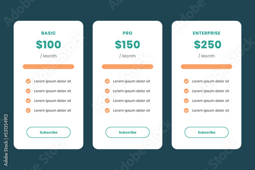 Minimalist card pricelist ui design template vector. Suitable for designing content for mobile applications and website landing page