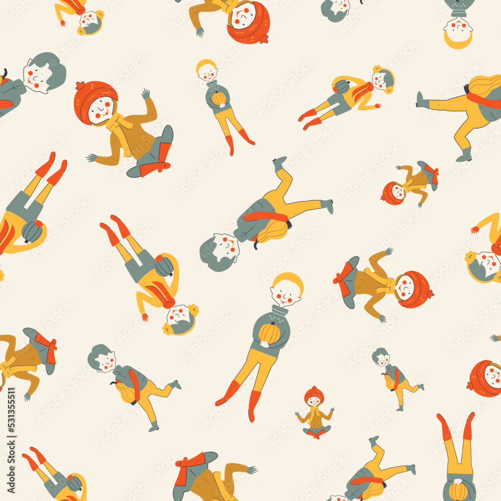 Seamless pattern with little boys picking pumpkins in the garden on cream background. Funny repeatable pattern with boys and pumpkins. Vector character illustration. Flat cartoon character style. Seamless pattern with little boys picking pumpkins in the garden on cream background. Funny repeatable pattern with boys and pumpkins. Vector character illustration. Flat cartoon character style.