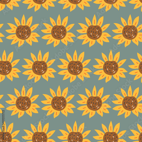 Seamless vector Sunflower Flowers Pattern on dark blue background, hand drawn backdrop. Repeatable motif for seasonal Autumn, Fall and Thanksgiving. Brick repeat simple seamless style.