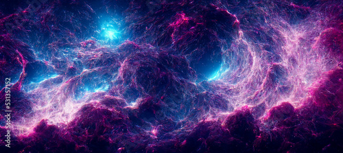 Violet, pink, blue and cyan universe. Nebula and stars in the galaxy landscape. 3D rendering photo