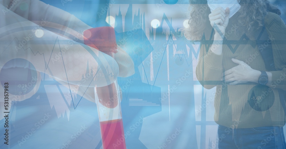 Digital illustration of a woman wearing a mask coughing over a scientist holding a test tube Digital illustration of a woman wearing a mask coughing over a scientist holding a test tube