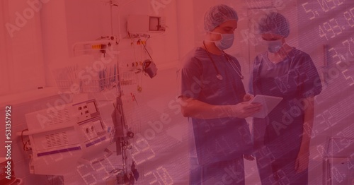 Digital illustration of two doctors standing in a hospital room over data processing