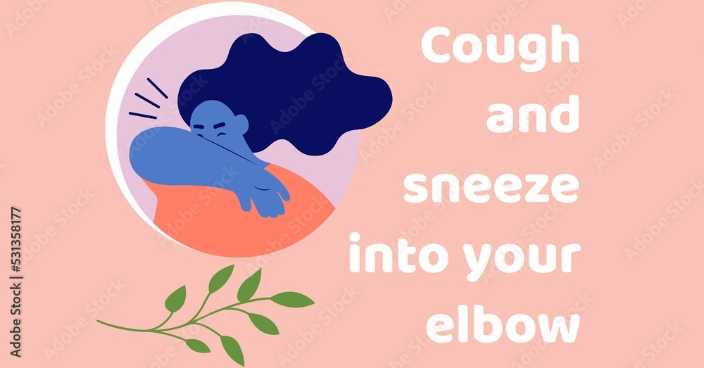 Digital illustration of a woman sneezing into her elbow with writing During coronavirus covid19 pand Digital illustration of a woman sneezing into her elbow with writing During coronavirus covid19 pand