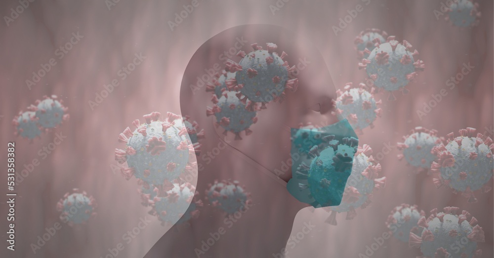 Covid-19 cells against 3D human head model wearing face mask Covid-19 cells against 3D human head model wearing face mask
