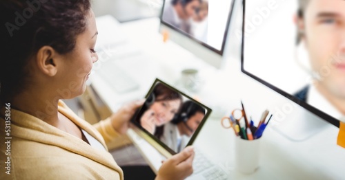Woman having video call on digital tablet