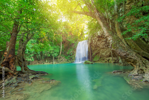 Fototapeta Naklejka Na Ścianę i Meble -  wonder Waterfall in Deep forest at Erawan waterfall National Park.