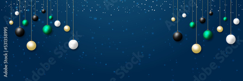 Beautiful Christmas balls blue banner with text space