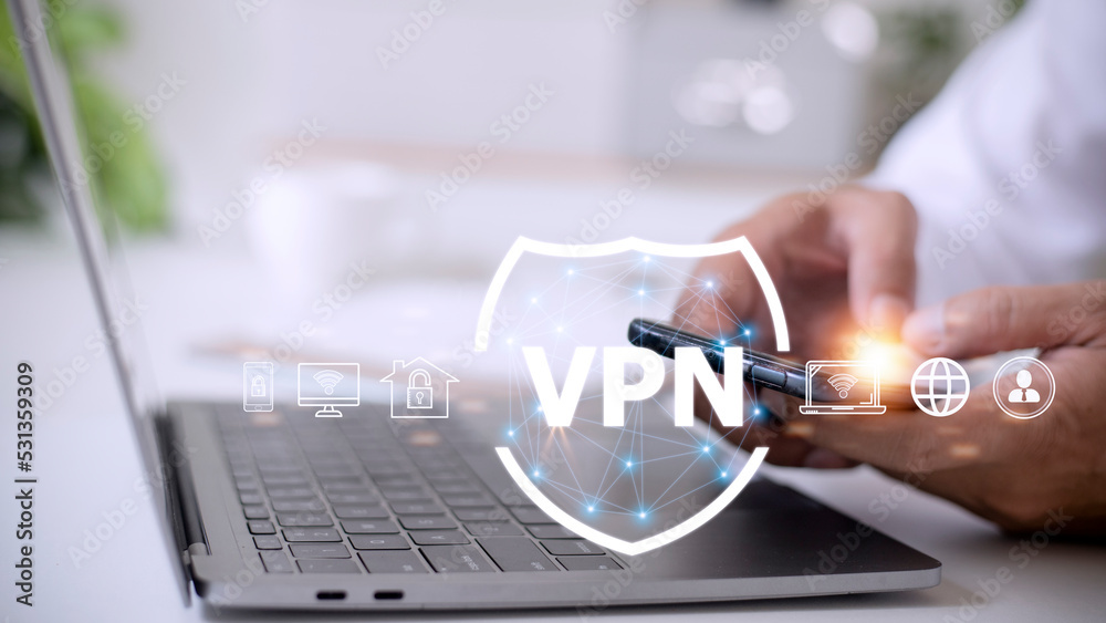 VPN secure connection concept. Person using Virtual Private Network