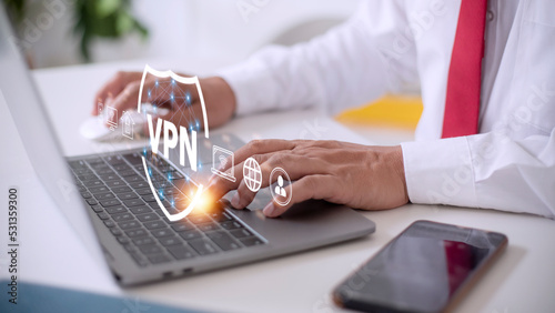 VPN secure connection concept. Person using Virtual Private Network technology to create encrypted tunnel to remote server on internet to protect data privacy or bypass censorship