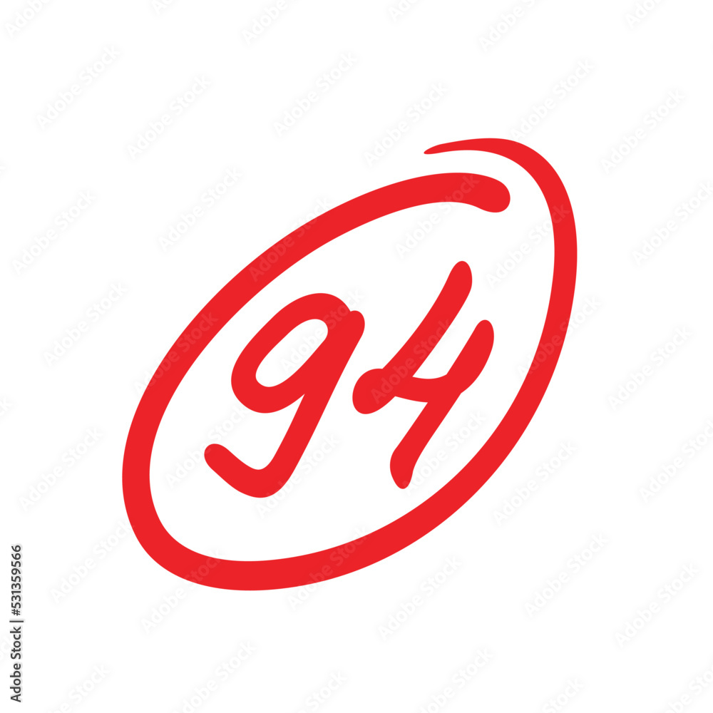 94 points exam score, ninety four points grade results, red on white background 94 points exam score, ninety four points grade results, red on white background