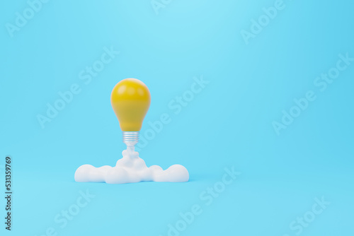 Creative thinking ideas and innovation concept. Rocket light bulb flying on background. 3d render illustration