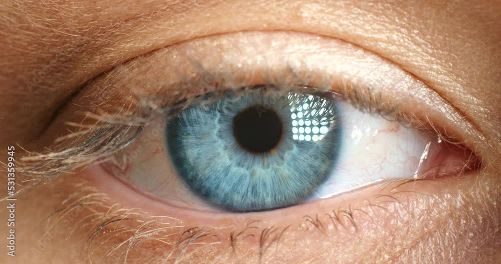 Macro blue eye, iris and vision of a pupil in optometrist exam for eyesight or contact lens for medical healthcare. Closeup portrait of a human eyeball opening in sight, zoom and optic detail to scan