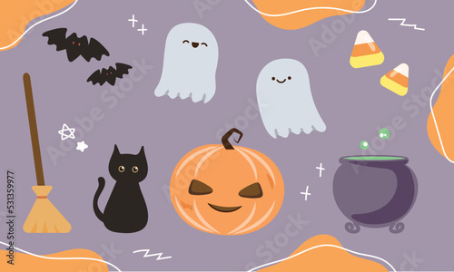 Halloween icons sticker set. Vector. Illustration. Hand drawing, doodle style. Black cat, ghost, pumpkin, candy corn, witch pot, broom, bat symbols. Decoration.
