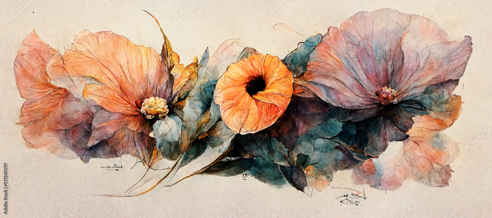 Spectacular spring and summer fresh flower painted with watercolors on a background of white paper. Digital art 3D illustration. - obrazy, fototapety, plakaty 